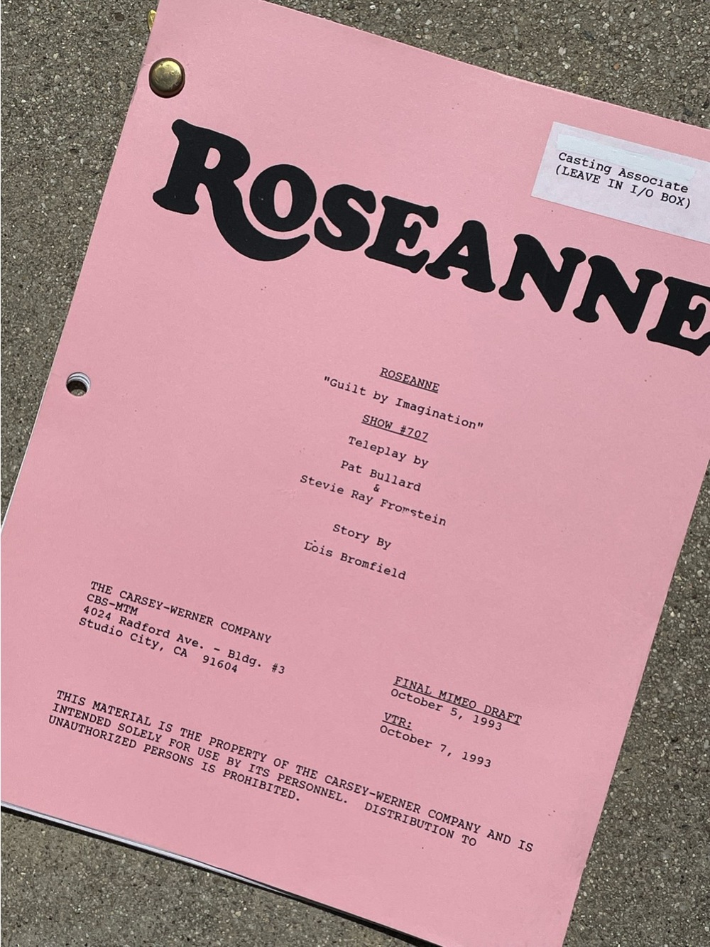 Roseanne Vtg 1993 Production Used Final Mimeo Draft Script Guilt by Imagination